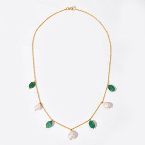 Collana da donna in oro massiccio 14K con smeraldo naturale e perle coltivate, fatta a mano | Pendente