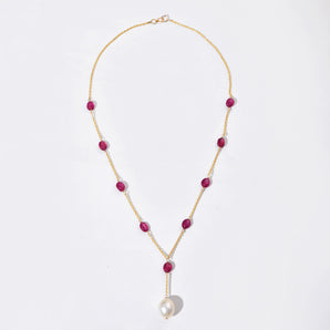 Collana da donna in oro massiccio 14K con rubino naturale e perle coltivate | Raktamukta