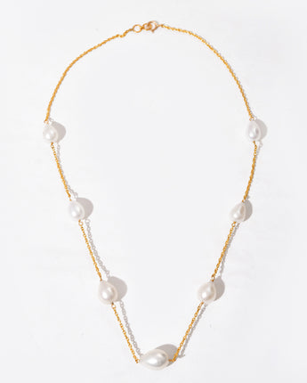 14K Solid Gold Cultured Pearl Station Necklace by Ratnavaali – view 1